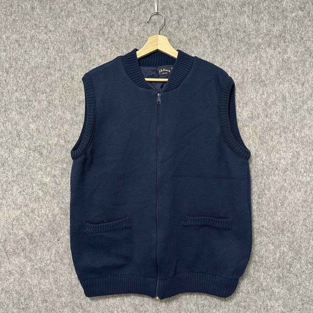 J.B. Buck Gear Sweater Vest Mens Large Navy Blue Quilted‎ Lined Zip Front Knit
